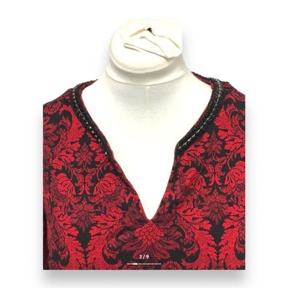 Roz & Ali Women’s Long Sleeve Split Neck Beaded Collar, Red, size L - Picture 2 of 8